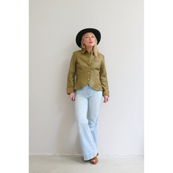 2000's Y2K Peplum Leather Jacket // Women's Size Small to Medium // Pea Green - Picture 6 of 10